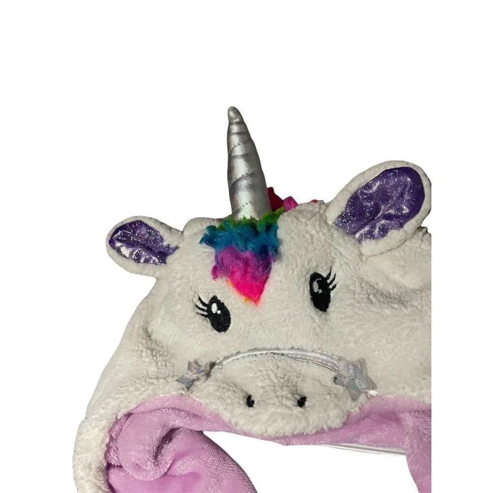 Rainbow Girls Purple White Unicorn Trapper Hat and Mitten Set All In One Size S